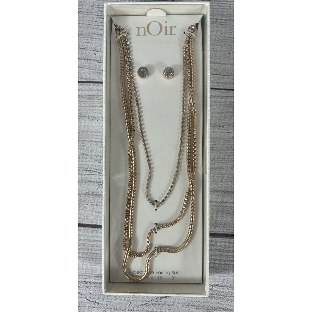 nOir Rose Gold Tone Layered Chain & Rhinestone Necklace Set W Stud‎ Earrings NIB